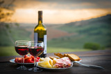 Fototapeta Uliczki - still life Red wine  ,cheese and prosciutto