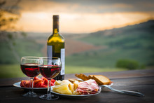 Still Life Red Wine  ,cheese And Prosciutto