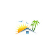 villa house tropic sunset vector logo