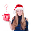 © victosha - Christmas Santa hat isolated woman portrait hold christmas gift