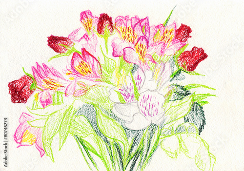  bouquet of flowers . Drawing with colored pencils Stock Illustration 