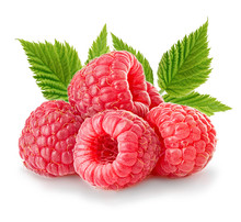 Ripe Raspberries With Leaves Close-up Isolated On A White Background
