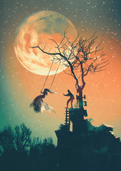 Halloween night background with man pushing woman on swing