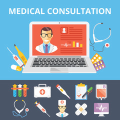 Wall Mural - Medical consultation flat illustration and flat medical icons set