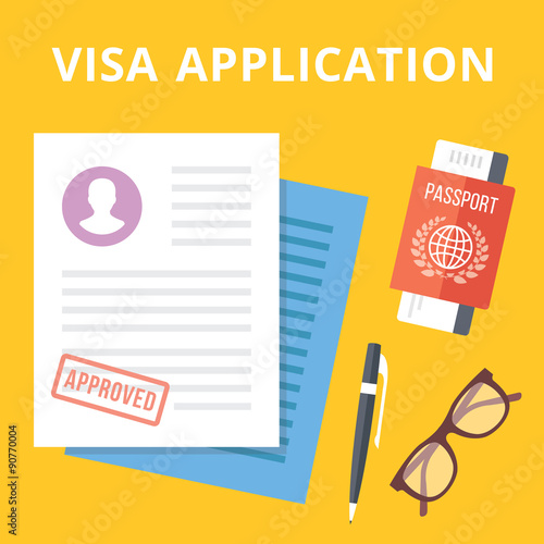 Fotografie, Obraz Visa application flat illustration concept. Top view