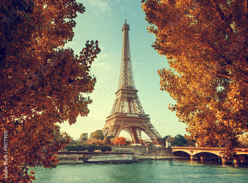 Plagát Seine in Paris with Eiffel tower in autumn time
