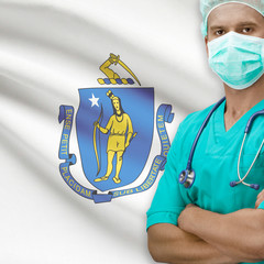 Wall Mural - Surgeon with US states flags on background series - Massachusett