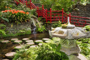 Fototapete - Pond and garden decoration in oriental style. Monte Palace Tropical Garden. Funchal, Portugal