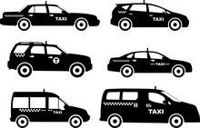 Set Of Different Silhouettes Taxi Cars. Vector Illustration