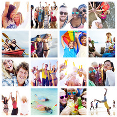 Wall Mural - Collage Diverse Faces Summer Beach People Concept