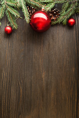 Christmas Tree and decorations on wooden background