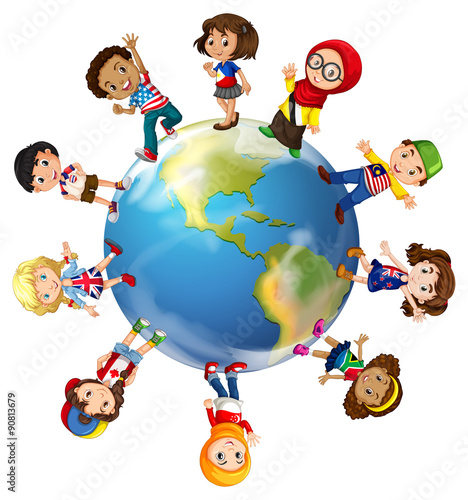 Obraz w ramie Children standing on globe