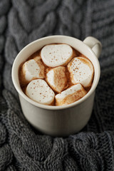 White cup of fresh hot cocoa or hot chocolate with marshmallows on knitted background