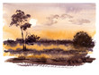 Landscape with a sunset. Fog in a meadow. Watercolor hand drawing illustration.