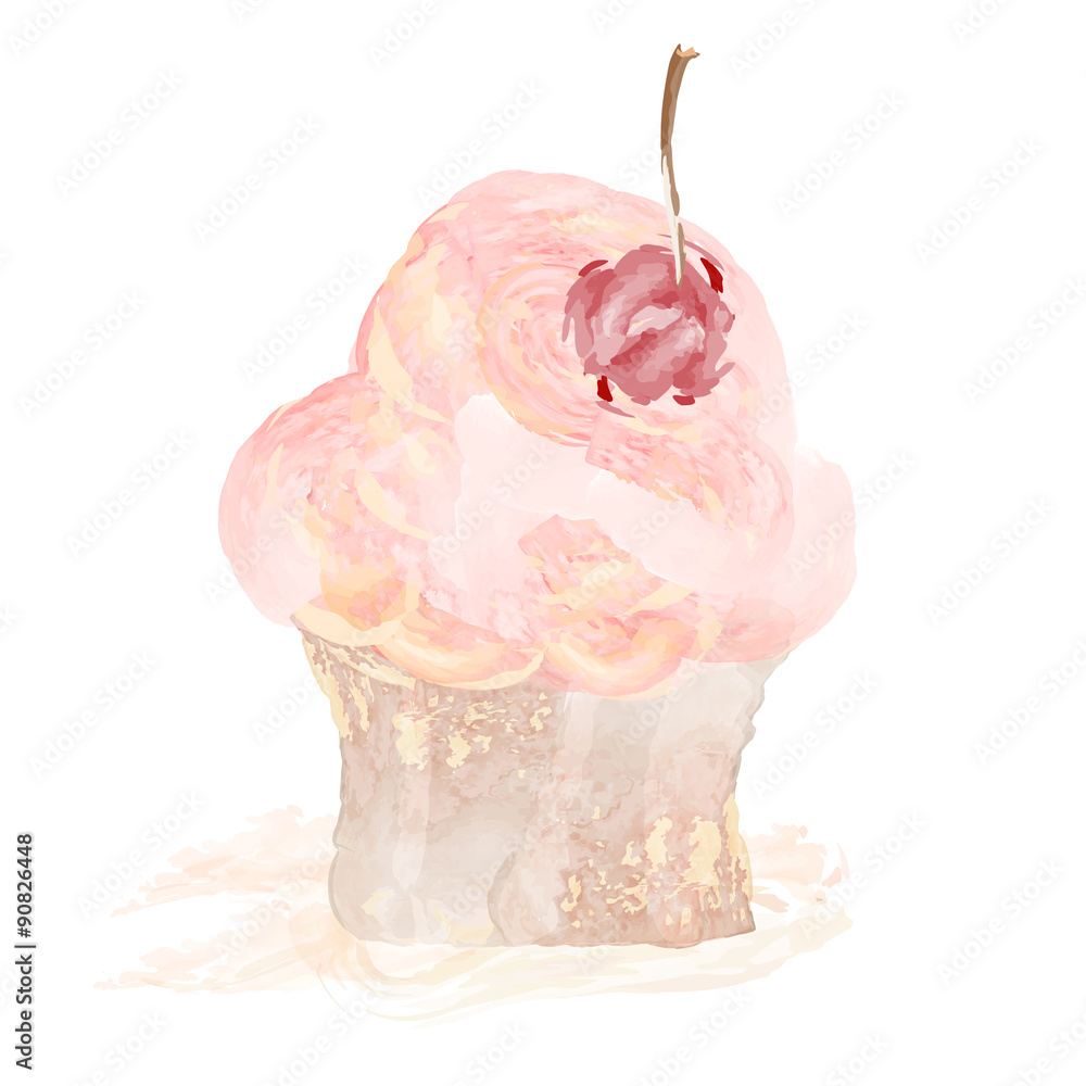 Cherry cupcake vector illustration hand drawn painted watercolor Stock ...