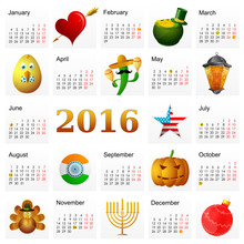 Year 2016 Calendar With Holiday Symbols