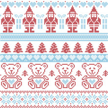 Blue And Red Scandinavian Inspired Nordic Xmas Seamless Pattern With Elf, Stars, Teddy Bears, Snow, Xmas  Trees, Snowflakes, Stars, Snow, Decorative Ornaments  In Red Cross Stitch
