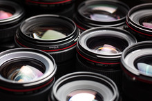 Modern Camera Lenses With Reflections, Low Key Image