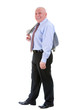 © kulniz - Full body of Happy and smile old mature business man in shirt and tie, self-confident, holds a suit jacket over shoulder, isolated on white background. Positive human emotion, facial expression