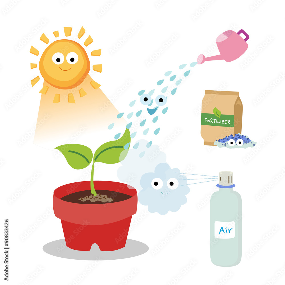 Vital needs of a plant. Plants need sunlight, fertilizer, air, and water.  Stock Vector | Adobe Stock