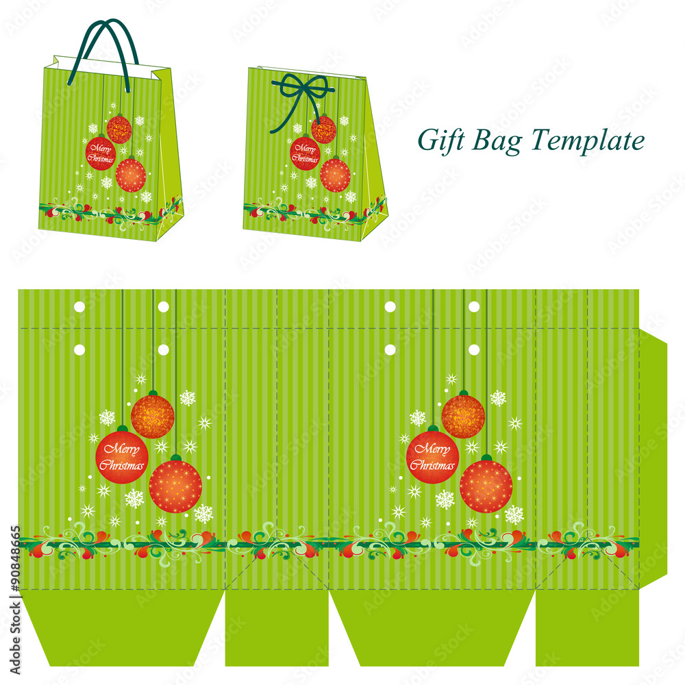 Green gift bag template with Christmas balls Stock Vector | Adobe Stock, image size:1000x1000