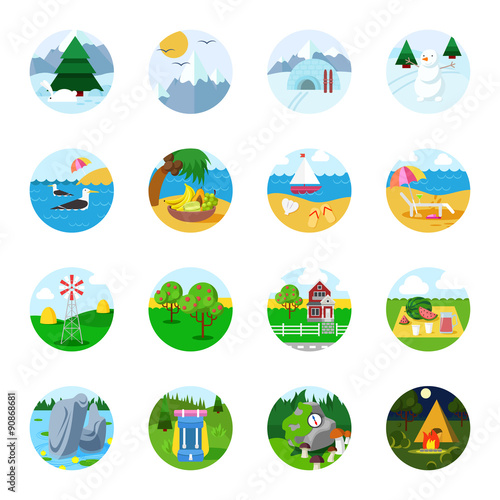 Flat Vector Travel Tourism Icon Set Beach Mountain Snow Sea Buy This Stock Vector And Explore Similar Vectors At Adobe Stock Adobe Stock