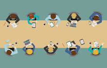 Flat Office Table Top View: Meetings, Report, Brainstorm, Staff
