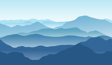 Blue Mountains In The Fog. Seamless Vector Background.
