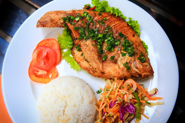 view of fried fish with rice vegetables on white plate