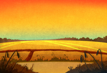 Wall Mural - Drought. Field crop in the sunset. Cartoon stylish background raster illustration