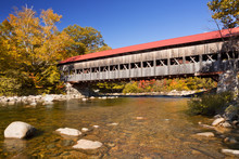 Covered Bridge, River And Fall Foliage, Swift River, NH, USA