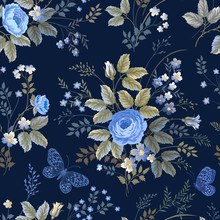 Seamless Floral Pattern With Blue Roses On Dark Blue  Background