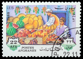 Wall Mural - AFGHANISTAN - CIRCA 1988: a stamp printed in the Afghanistan, shows Oriental Bazaar, a series of fruits, circa 1988