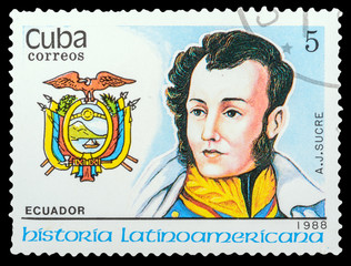 Wall Mural - CUBA- CIRCA 1988: a stamp printed in the Cuba, shows coat of arms portrait of Antonio Jose de Sucre, series 