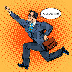 Wall Mural - Super hero businessman runs forward screaming follow me