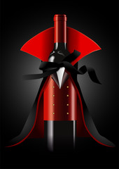 Vector illustrator of Wine Bottle in Dracula Costume on black ba