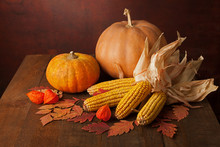 Autumn Still Life - Pumpkins, Corns And Physalis Against The Background Of Old Wooden Wall.