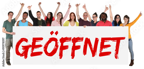 Geöffnet offen Schild Laden Geschäft Gruppe lachen junge ...