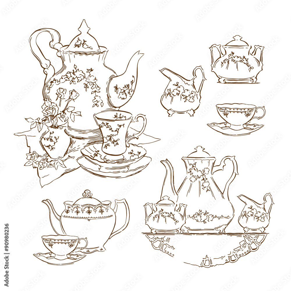 Hand made sketch of tea sets. Vector illustration. Stock Vector | Adobe ...