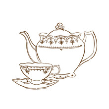 Hand Made Sketch Of Tea Sets. Vector Illustration.