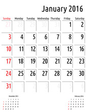 Calendar January 2016. Vector Planning Calendar Template