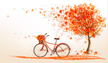Autumn Background With A Tree And A Bicycle. Vector.
