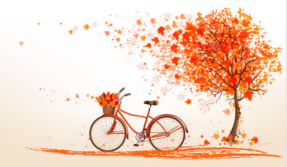 Poster - Autumn background with a tree and a bicycle. Vector.