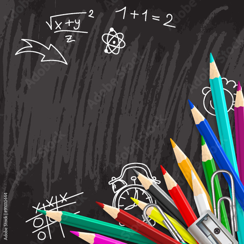 Stampa su Tela Chalkboard school background with colorful pencils