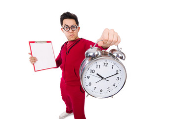 Funny sportsman with alarm clock isolated on white