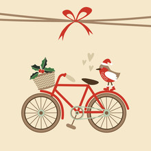 Cute Retro Christmas Card With Bicycle And Bird With Santa Hat