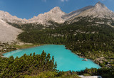 Fototapeta Góry - aerial view of Sorapiss lake in Dolomites