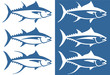 Stylized tuna fish icon set including three types of tuna - albacore, bluefin and yellowfin.