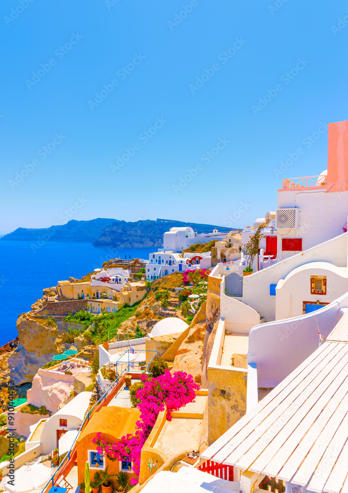 View to the sea from Oia the most beautiful village of Santorini island in Greece - obrazy, fototapety, plakaty 