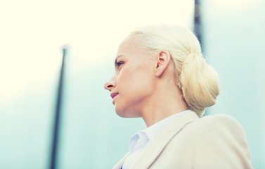 Sticker - young businesswoman over office building